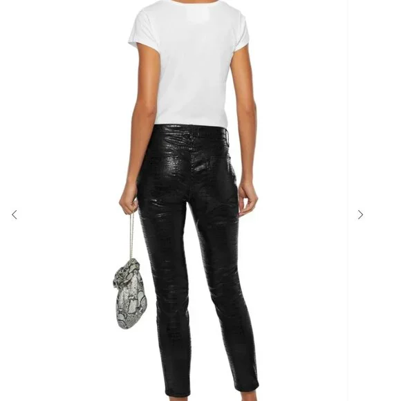 FRAME Le High Skinny Cropped Croc-effect Mid-Rise Skinny Jeans Black Size 28 - Picture 2 of 14